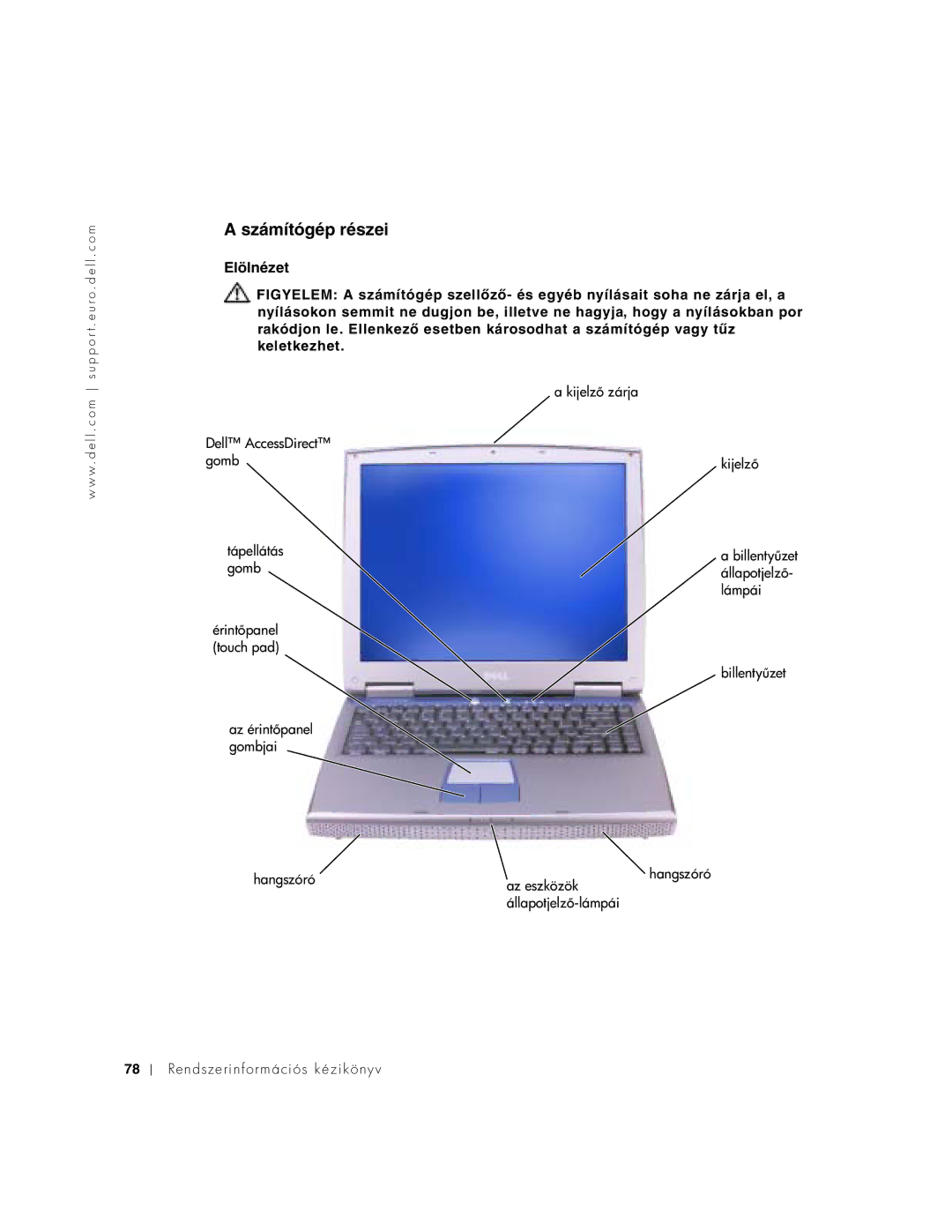 Dell 1100 manual Számítógép részei, Elölnézet 