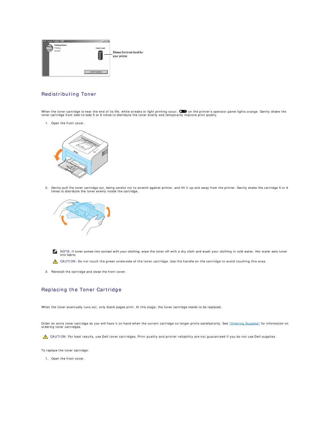 Dell 1100 specifications Redistributing Toner, Replacing the Toner Cartridge 