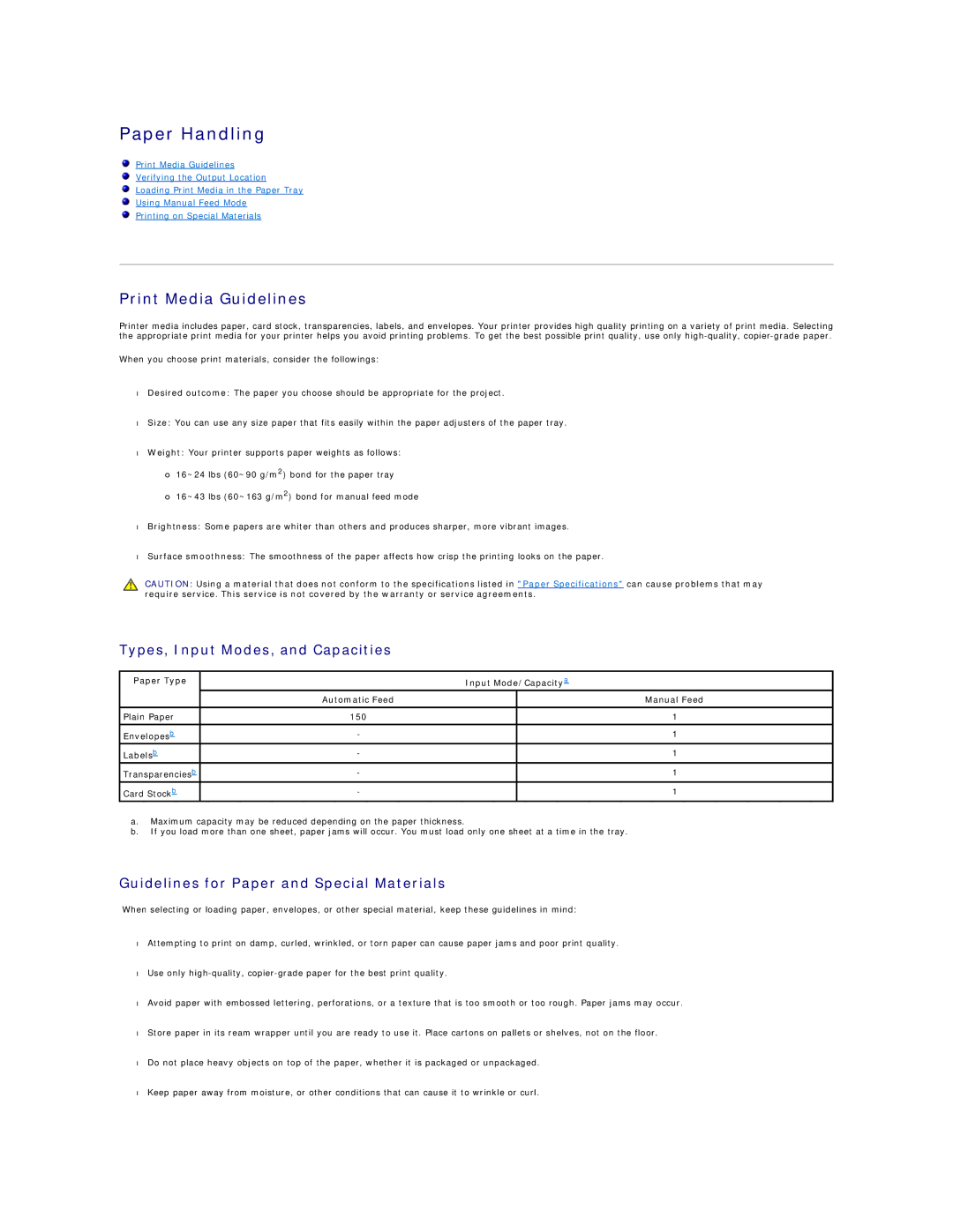 Dell 1100 Print Media Guidelines, Types, Input Modes, and Capacities, Guidelines for Paper and Special Materials 