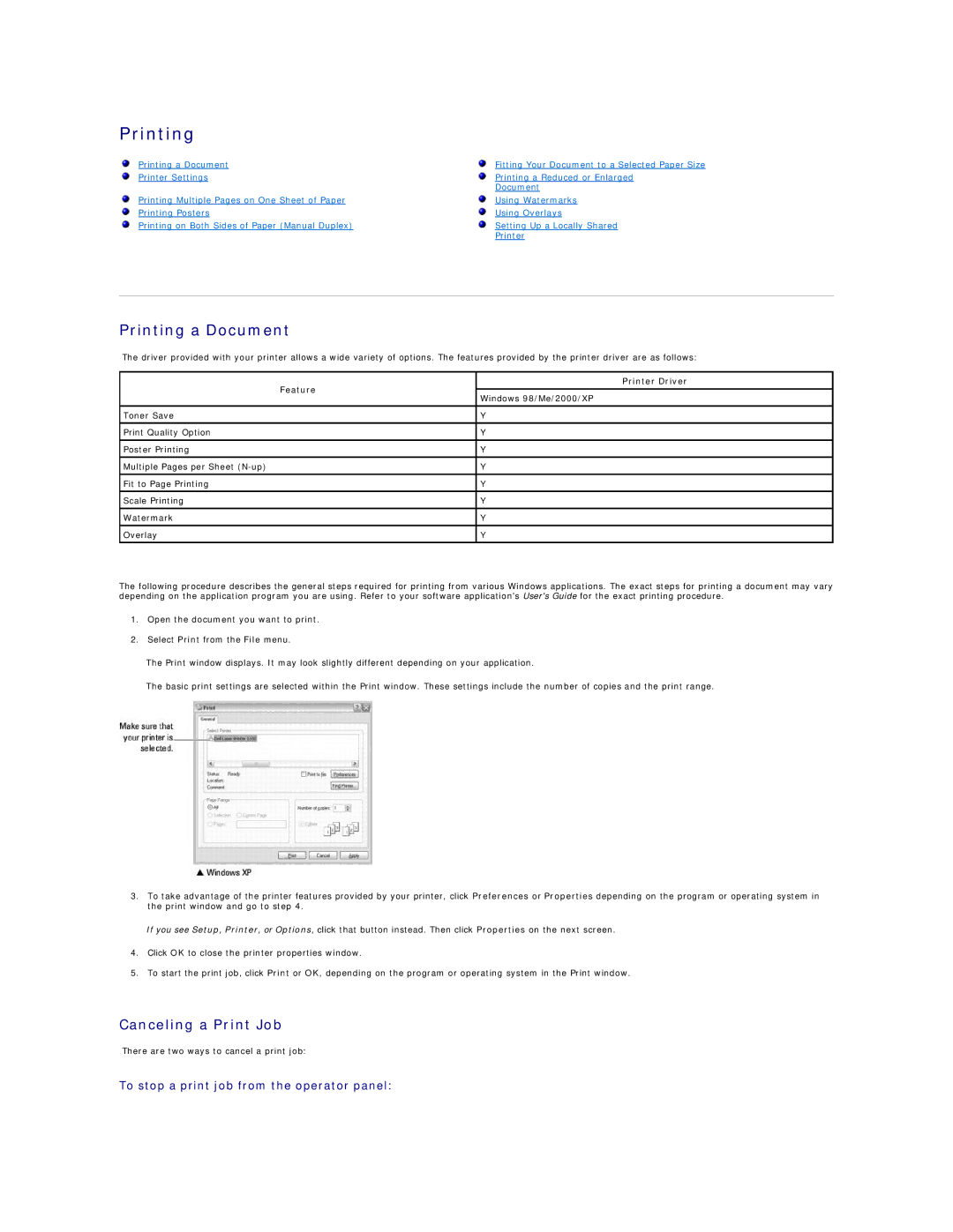 Dell 1100 Printing a Document, Canceling a Print Job, To stop a print job from the operator panel, Printer Driver Feature 