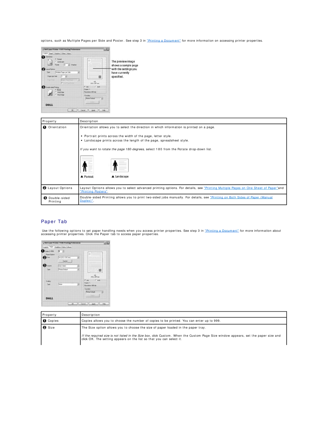 Dell 1100 specifications Paper Tab, Property Description Orientation, Layout Options, Double-sided, Printing 