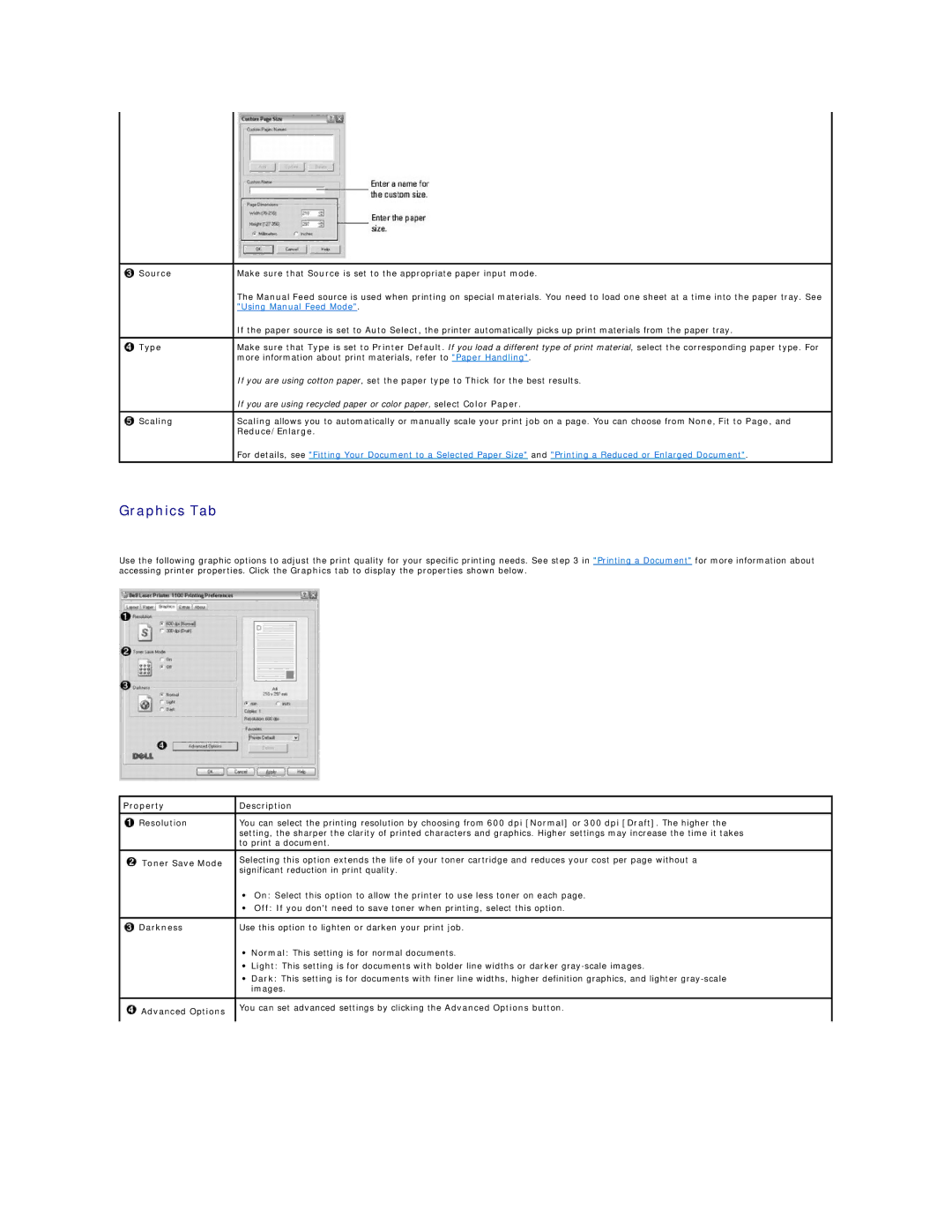 Dell 1100 specifications Graphics Tab 