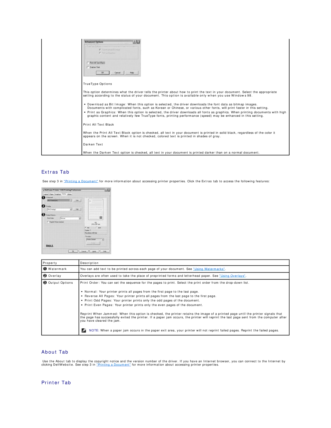 Dell 1100 specifications Extras Tab, About Tab, Printer Tab 