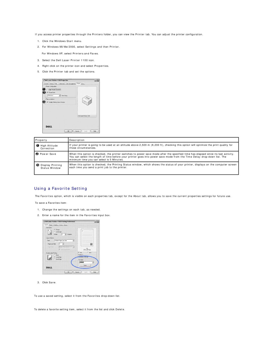 Dell 1100 specifications Using a Favorite Setting 