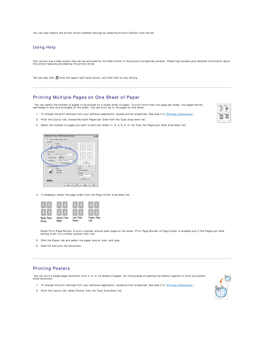 Dell 1100 specifications Printing Multiple Pages on One Sheet of Paper, Printing Posters, Using Help 