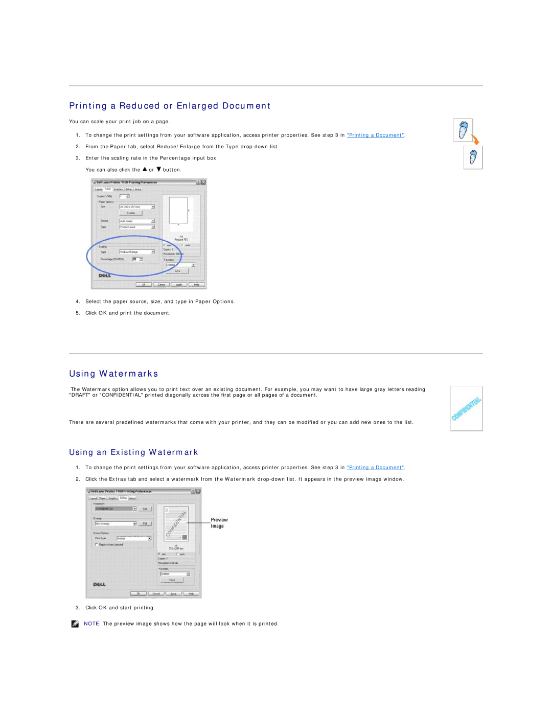 Dell 1100 specifications Printing a Reduced or Enlarged Document, Using Watermarks, Using an Existing Watermark 