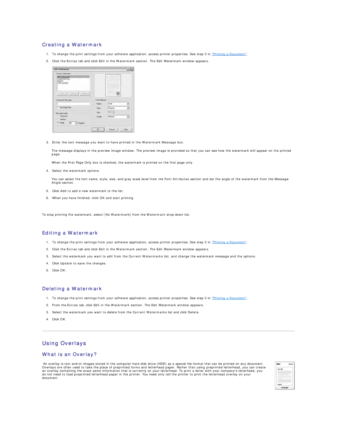 Dell 1100 Using Overlays, Creating a Watermark, Editing a Watermark, Deleting a Watermark, What is an Overlay? 