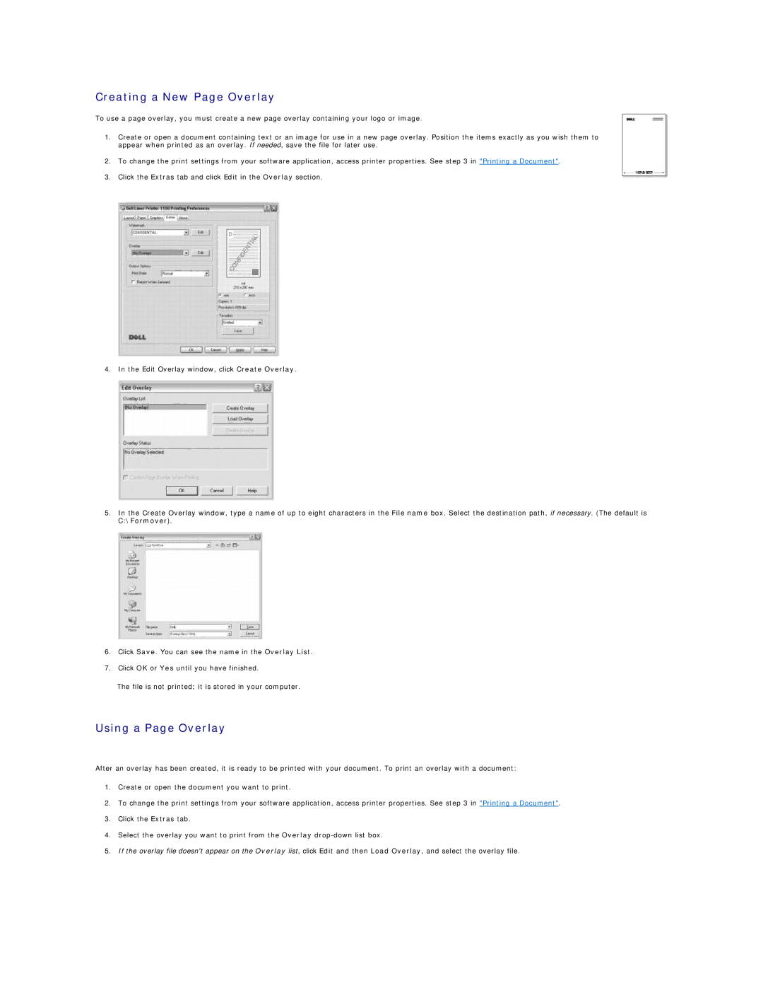 Dell 1100 specifications Creating a New Page Overlay, Using a Page Overlay 