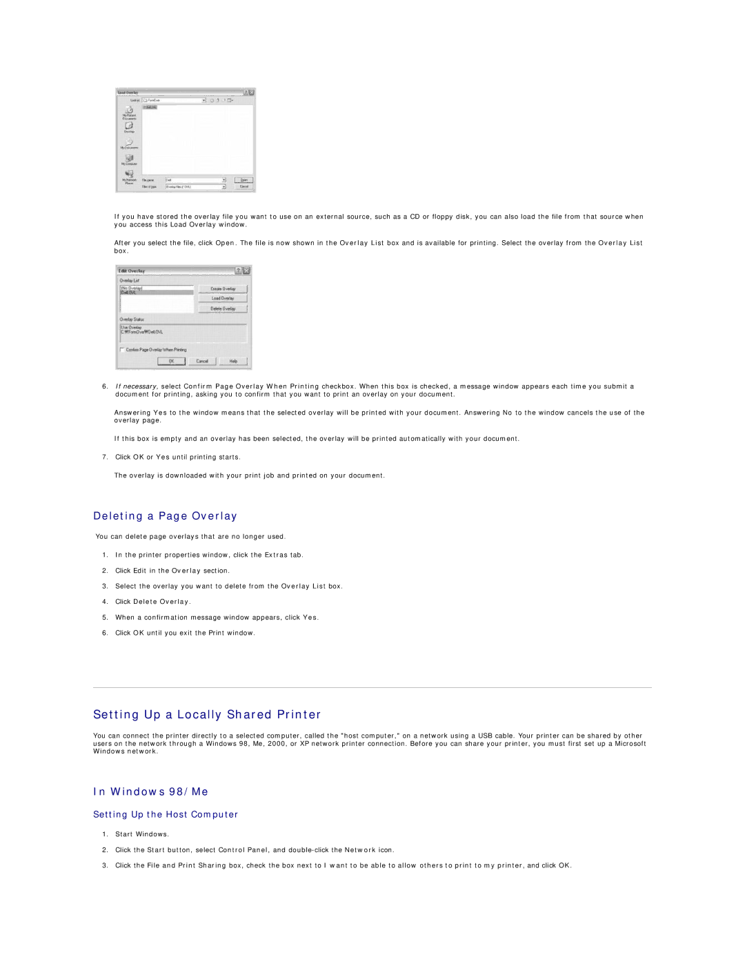 Dell 1100 Setting Up a Locally Shared Printer, Deleting a Page Overlay, Windows 98/Me, Setting Up the Host Computer 