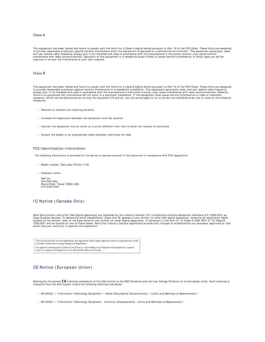 Dell 1100 specifications IC Notice Canada Only, CE Notice European Union, Class a Class B, FCC Identification Information 