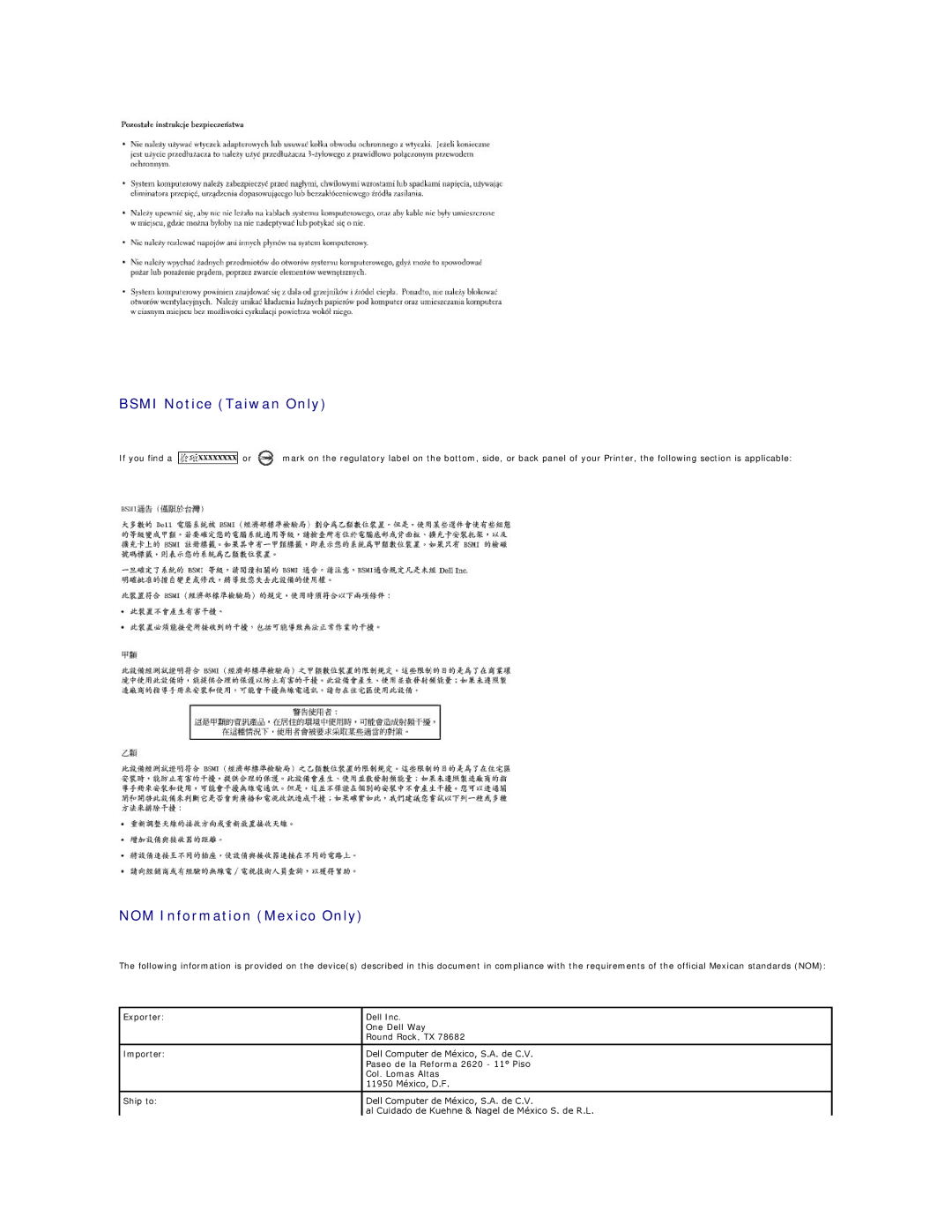 Dell 1100 specifications Bsmi Notice Taiwan Only, NOM Information Mexico Only 