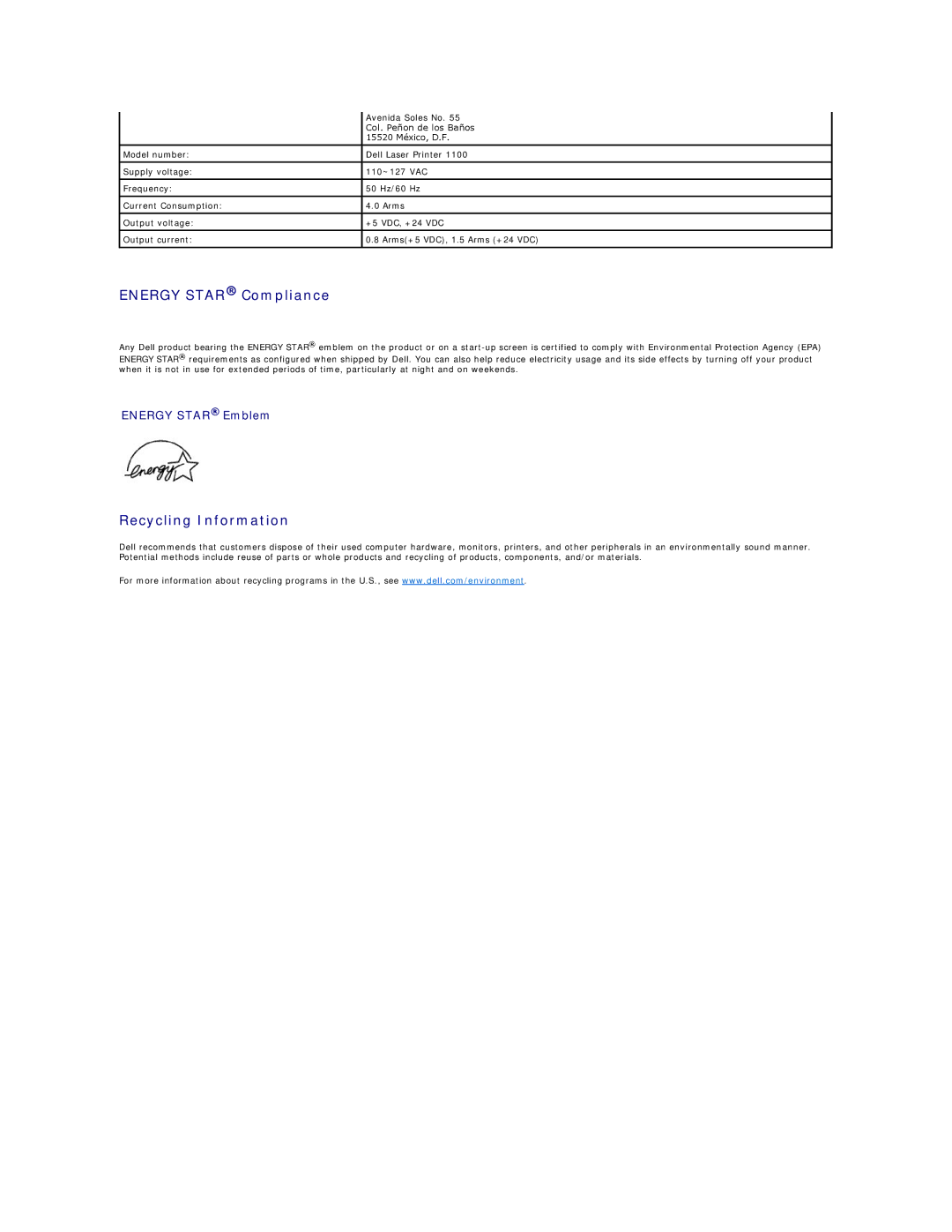 Dell 1100 specifications Energy Star Compliance, Recycling Information, Energy Star Emblem 