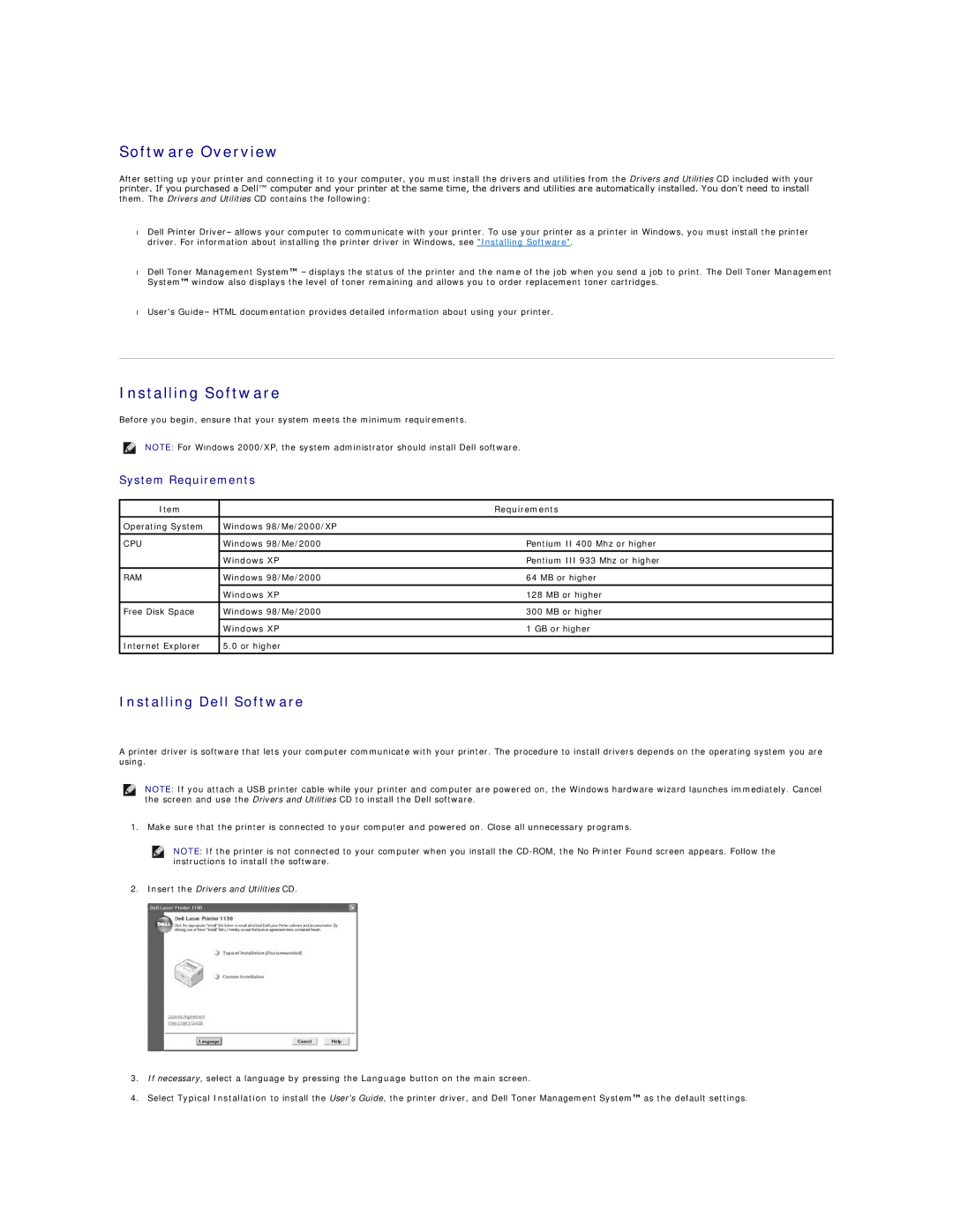 Dell 1100 specifications Software Overview, Installing Software, Installing Dell Software, System Requirements 