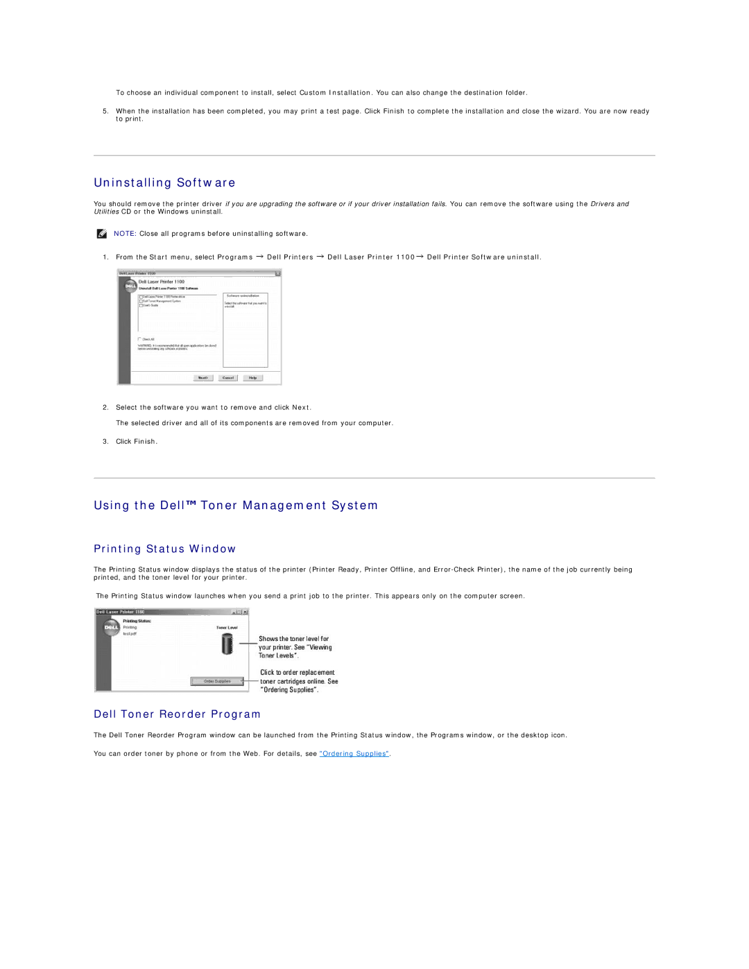 Dell 1100 specifications Uninstalling Software, Using the Dell Toner Management System, Printing Status Window 