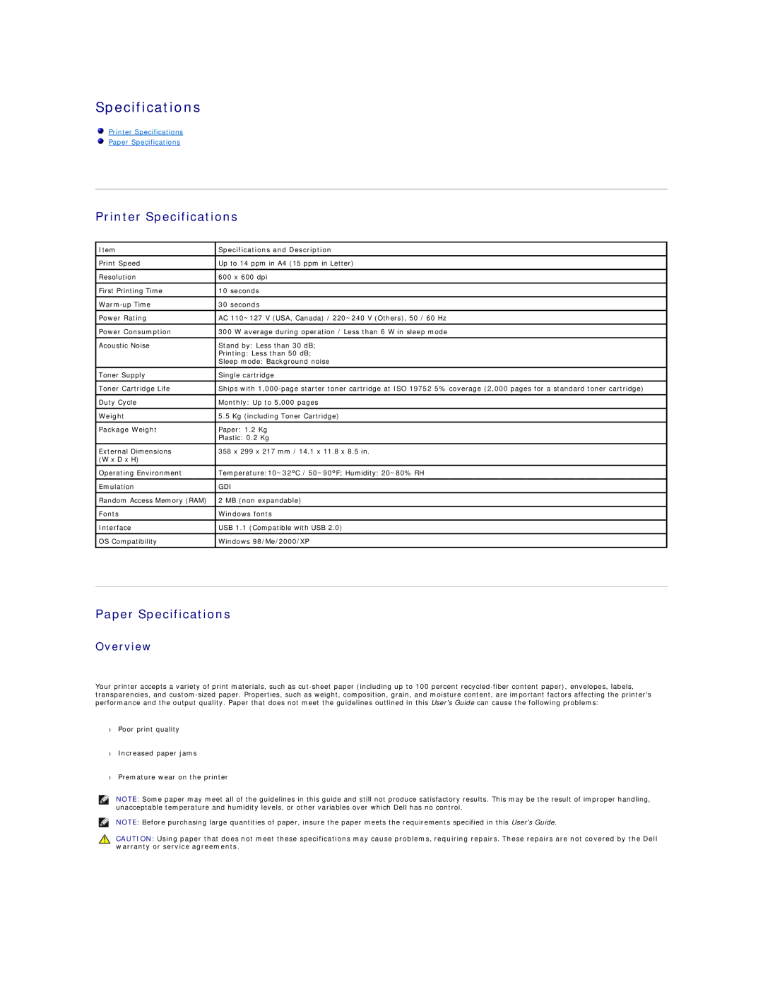 Dell 1100 specifications Printer Specifications, Paper Specifications, Overview, Specifications and Description 