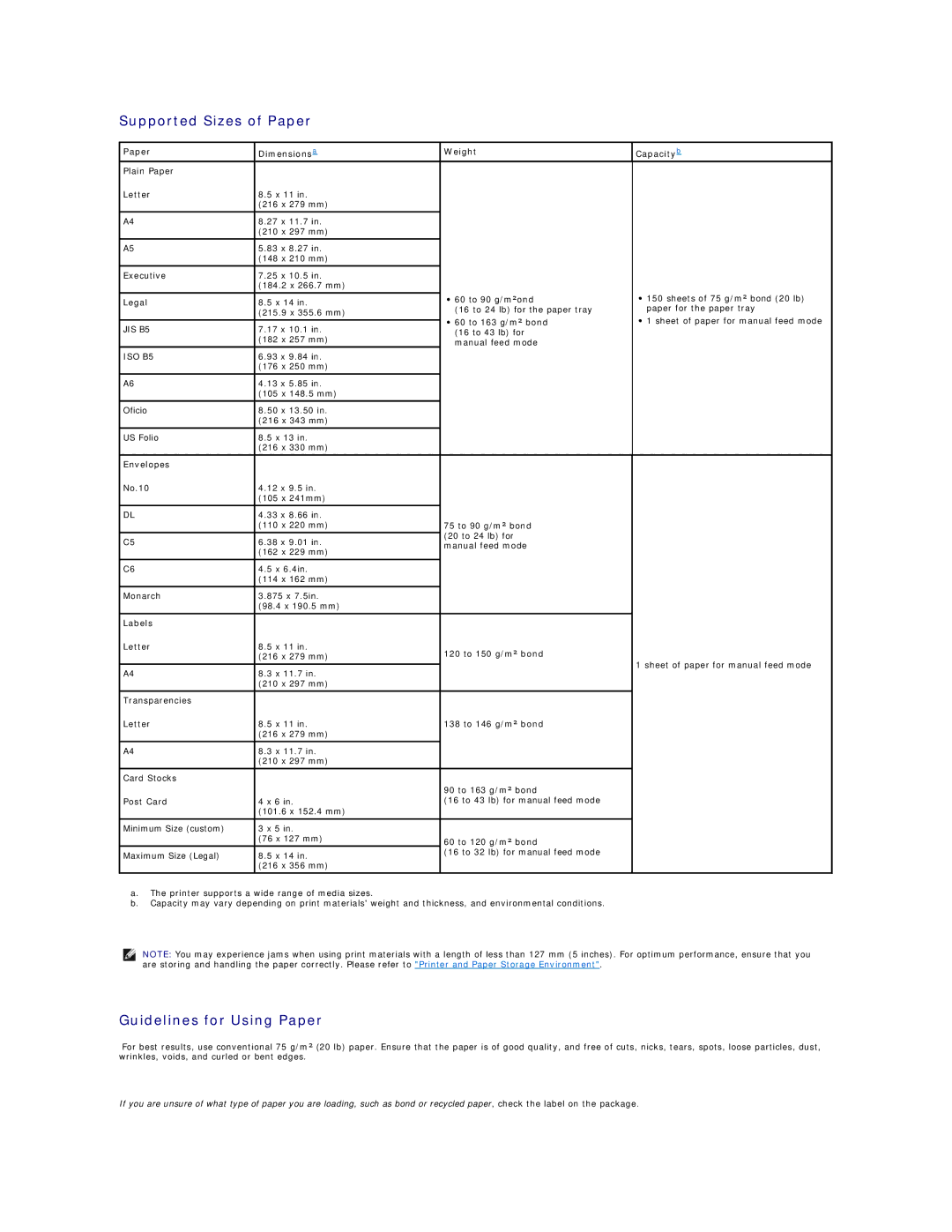 Dell 1100 specifications Supported Sizes of Paper, Guidelines for Using Paper, Paper Dimensionsa Weight Capacityb 