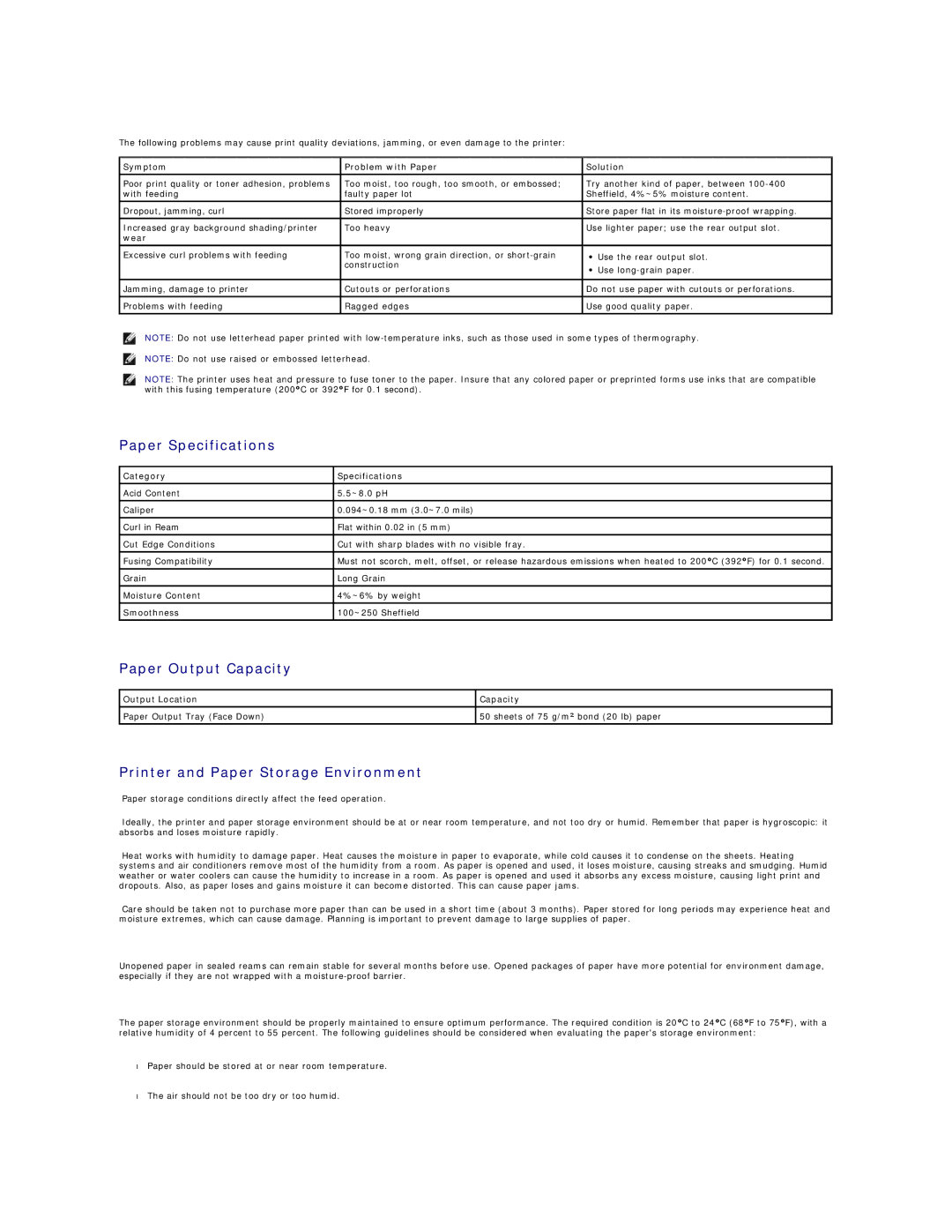 Dell 1100 Paper Specifications, Paper Output Capacity, Printer and Paper Storage Environment, Category Specifications 