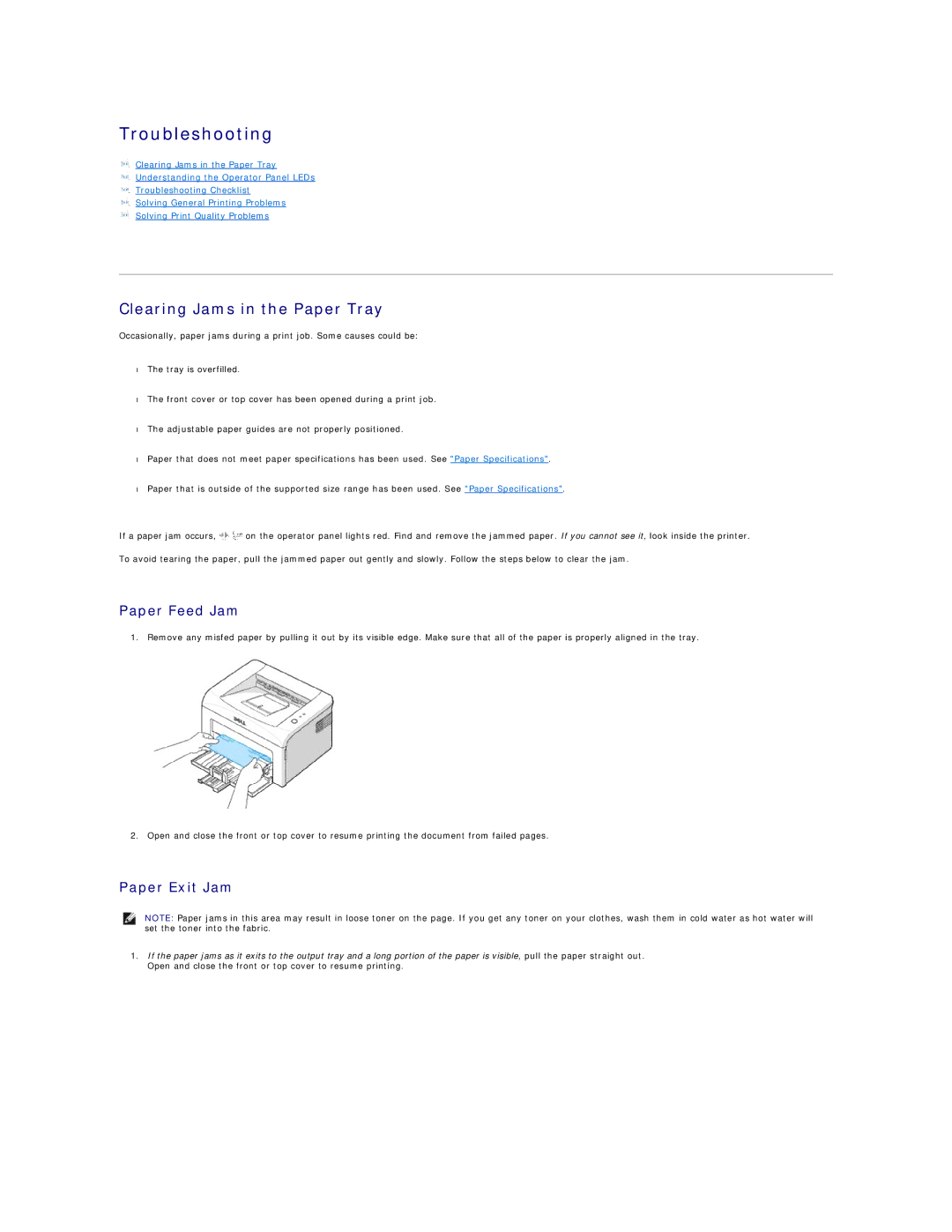 Dell 1100 specifications Clearing Jams in the Paper Tray, Paper Feed Jam, Paper Exit Jam 