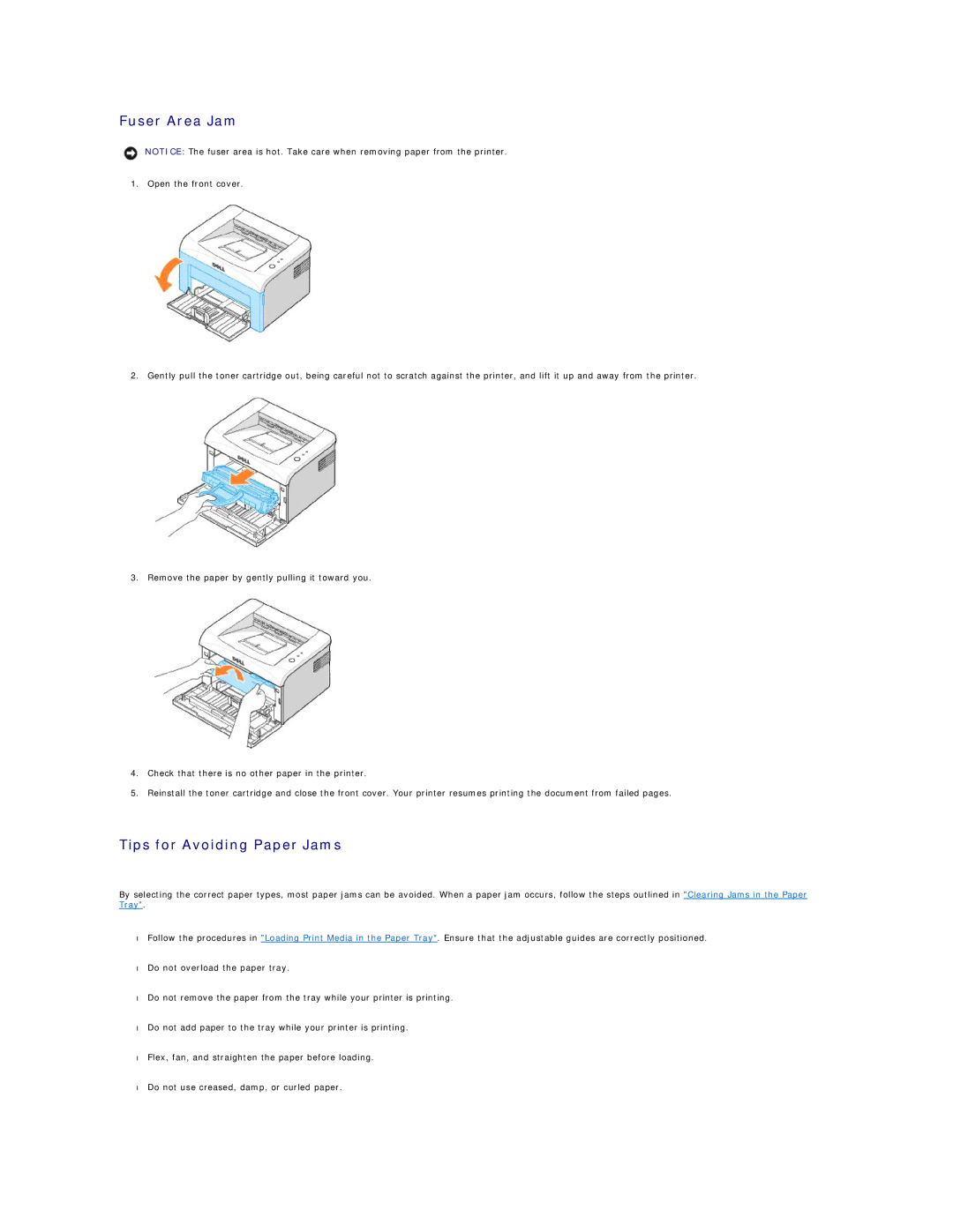 Dell 1100 specifications Fuser Area Jam, Tips for Avoiding Paper Jams 