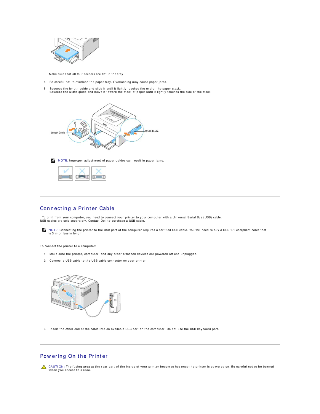 Dell 1100 specifications Connecting a Printer Cable, Powering On the Printer 