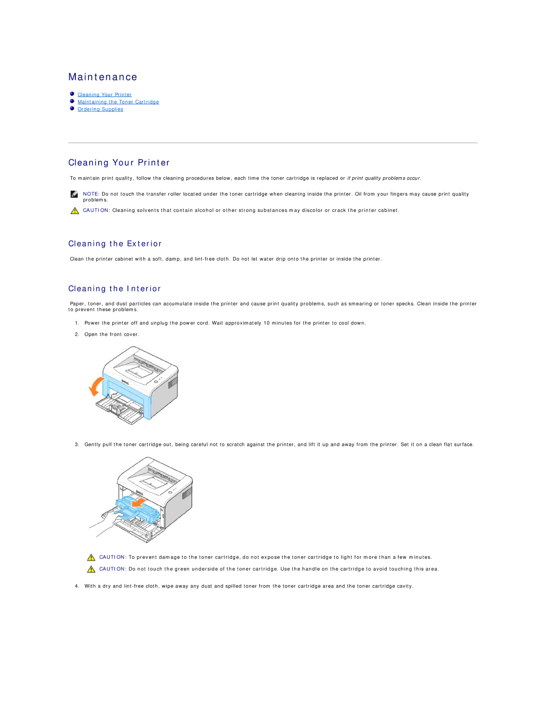 Dell 1100 specifications Cleaning Your Printer, Cleaning the Exterior, Cleaning the Interior 