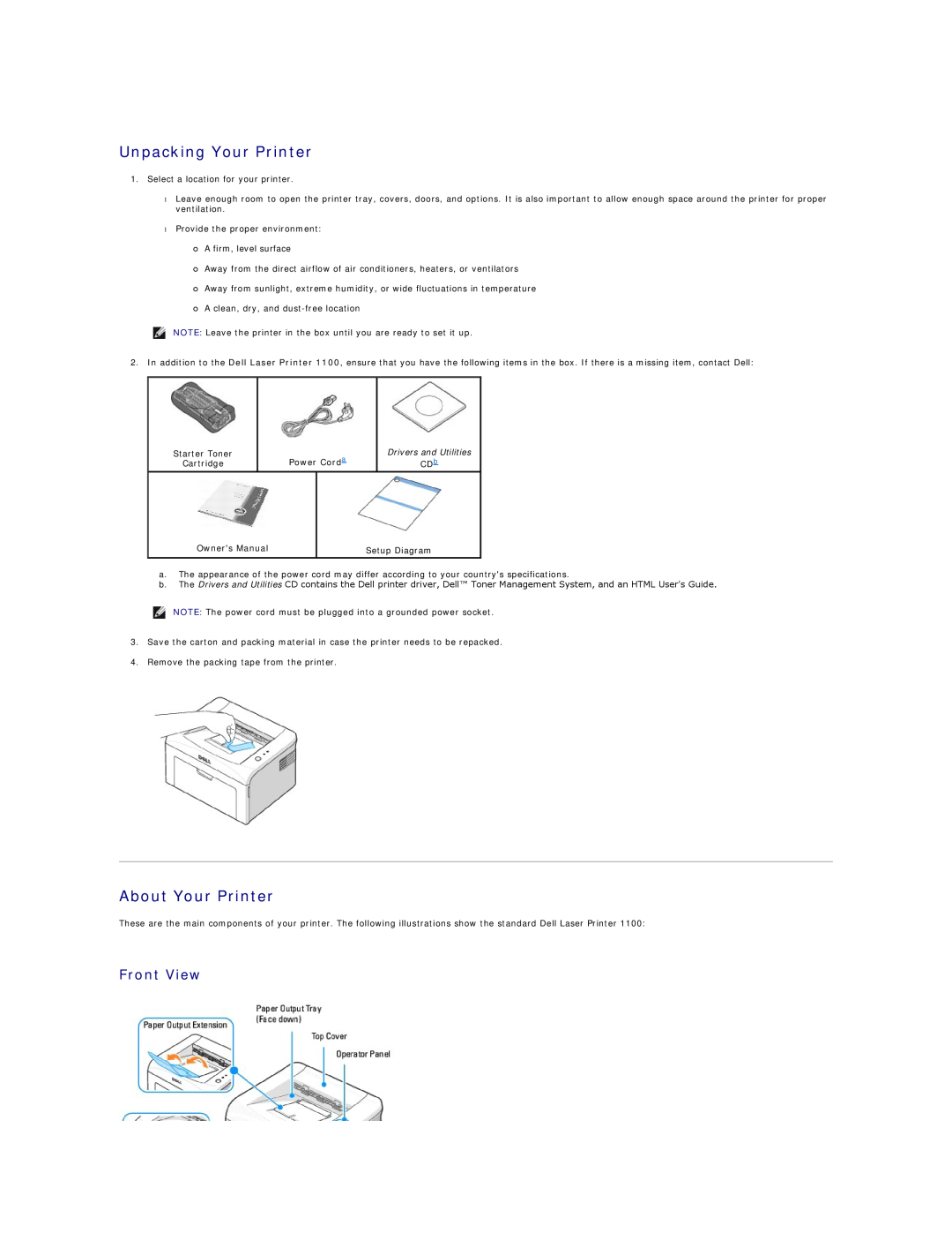 Dell 1100 specifications Unpacking Your Printer, About Your Printer, Front View, Drivers and Utilities 