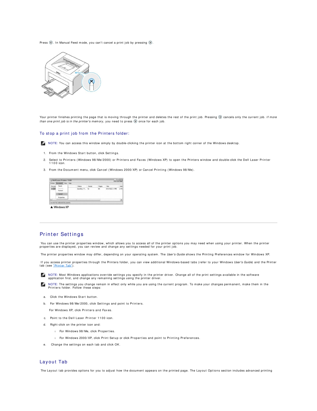 Dell 1100 specifications Printer Settings, Layout Tab, To stop a print job from the Printers folder 