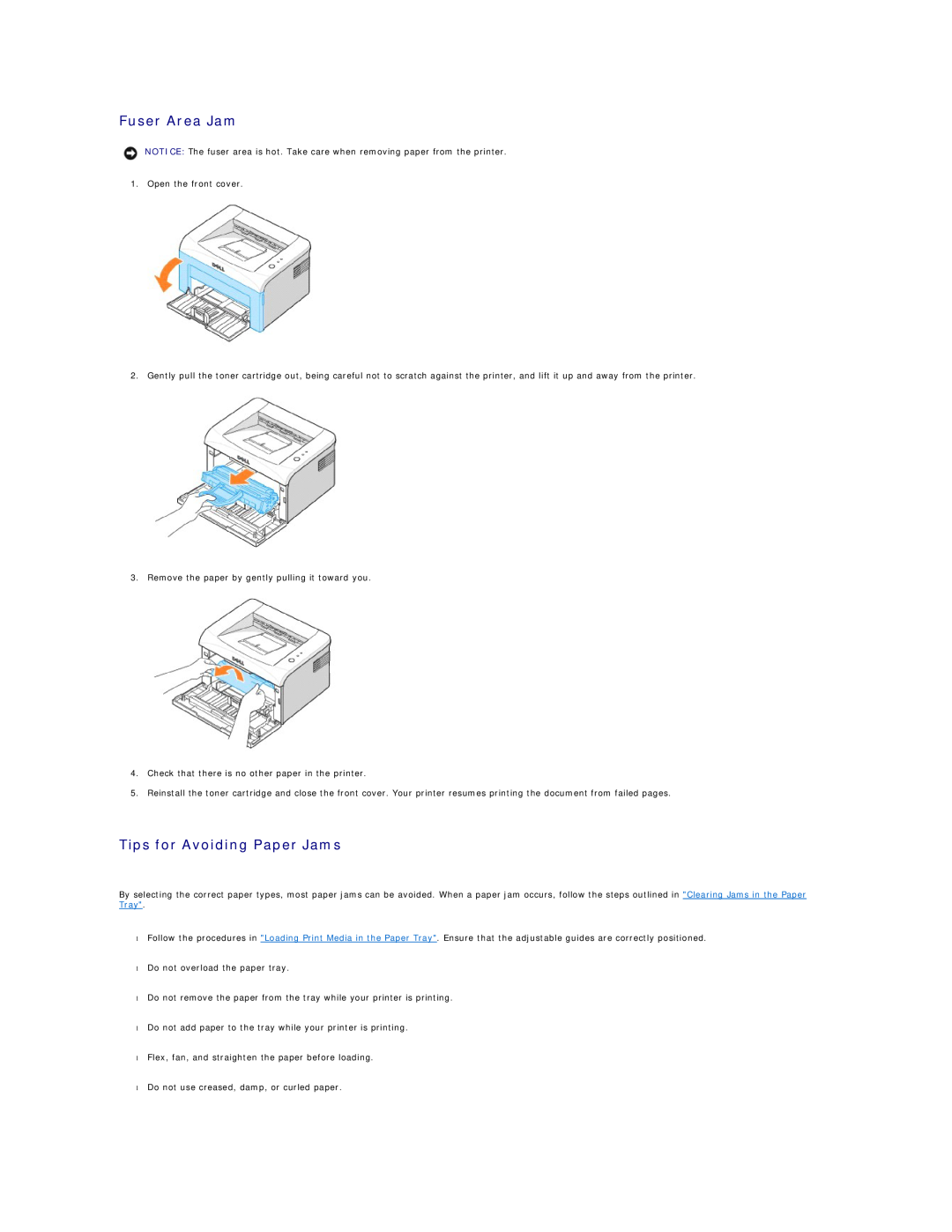 Dell 1100 specifications Fuser Area Jam, Tips for Avoiding Paper Jams 
