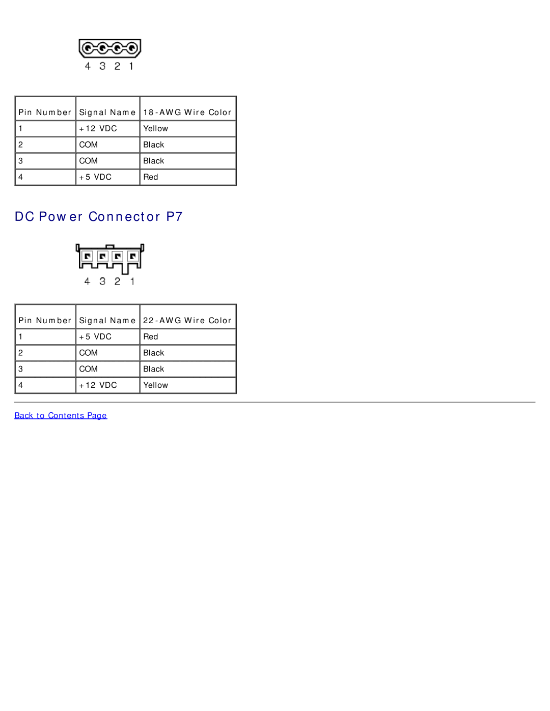 Dell 1100/B110 service manual DC Power Connector P7, Pin Number Signal Name 22-AWG Wire Color 