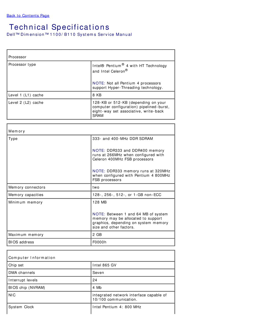 Dell 1100/B110 service manual Technical Specifications, Memory, Computer Information 