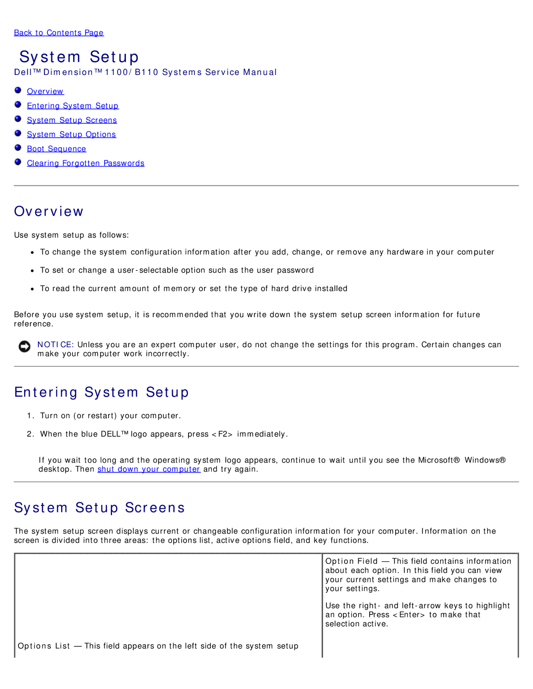 Dell 1100/B110 service manual Overview, Entering System Setup, System Setup Screens 