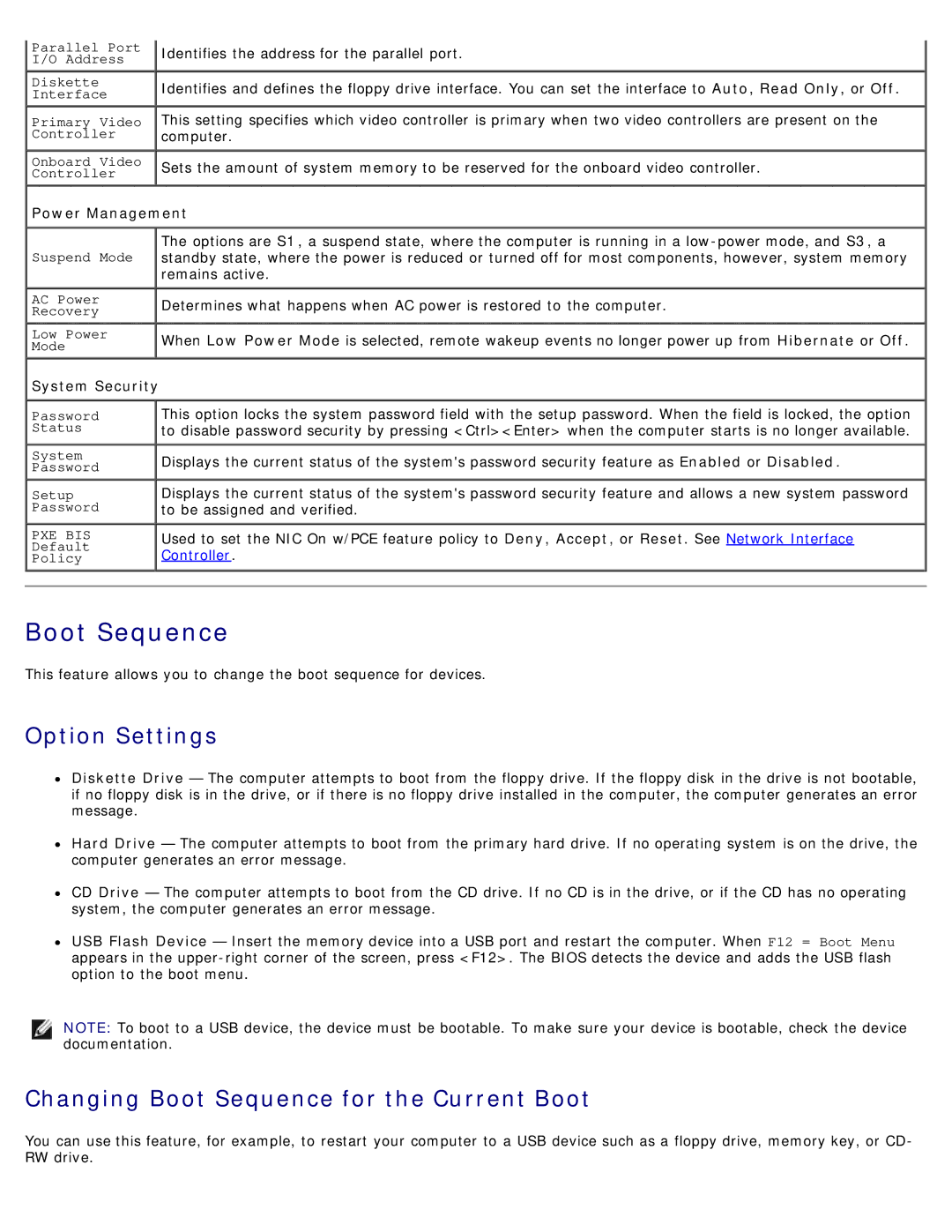 Dell 1100/B110 Option Settings, Changing Boot Sequence for the Current Boot, Power Management, System Security 