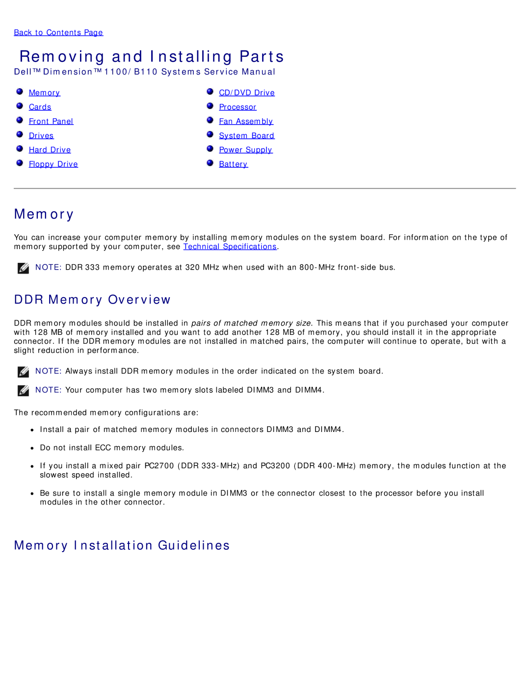 Dell 1100/B110 service manual Removing and Installing Parts, DDR Memory Overview, Memory Installation Guidelines 