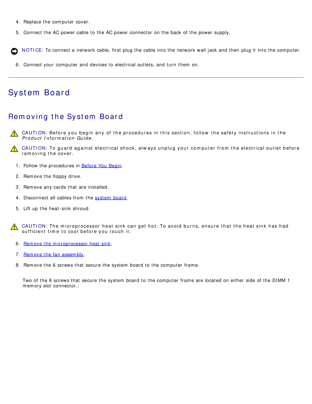 Dell 1100/B110 service manual Removing the System Board, Remove the microprocessor heat sink Remove the fan assembly 