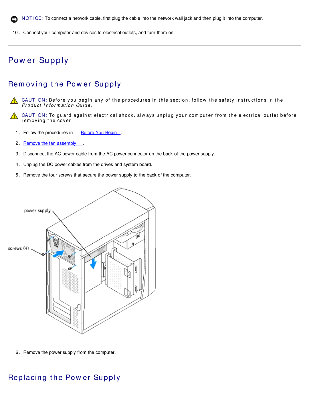 Dell 1100/B110 service manual Removing the Power Supply, Replacing the Power Supply 