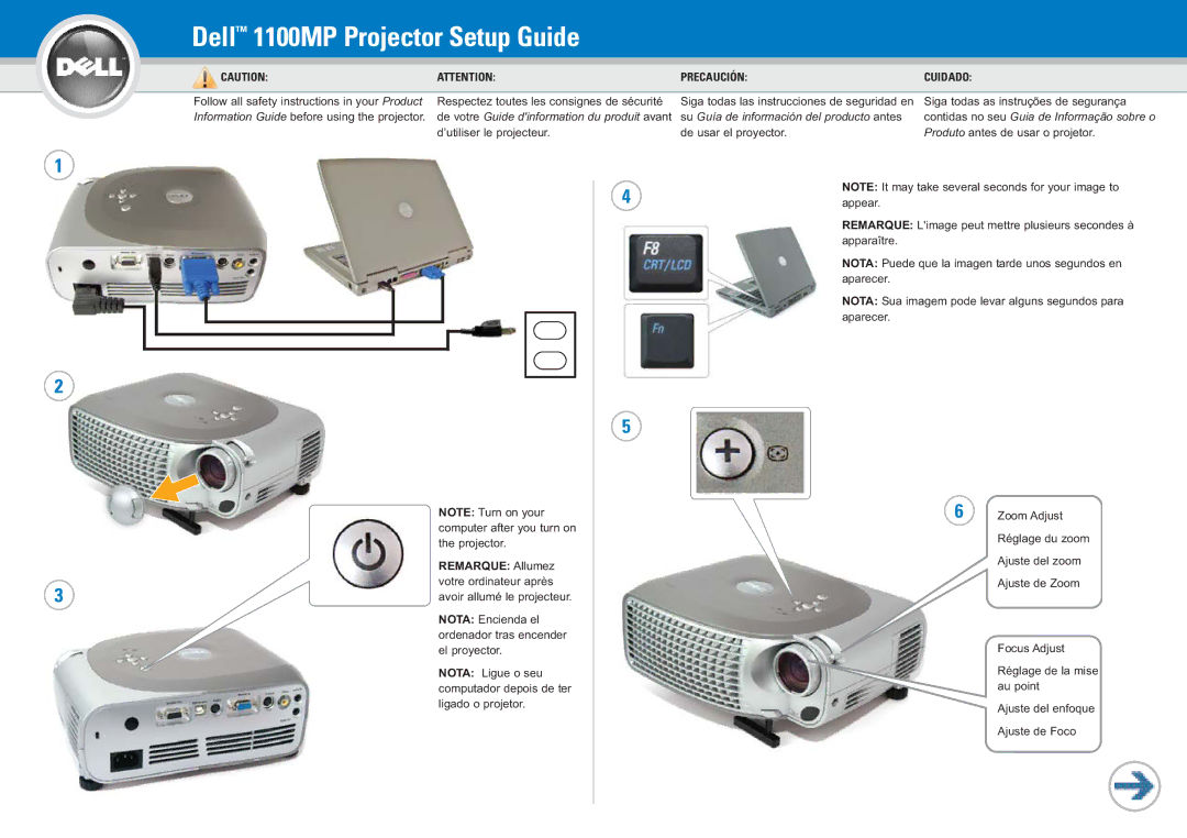 Dell 1100 MP setup guide Dell 1100MP Projector Setup Guide, Precaución 