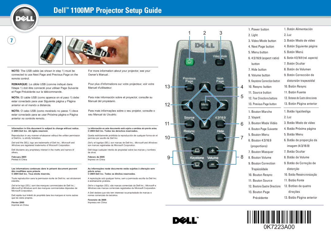 Dell 1100MP Power button, Light, Video Mode button, Next Page button, Menu button, Button, Hide button, Botón Alimentación 