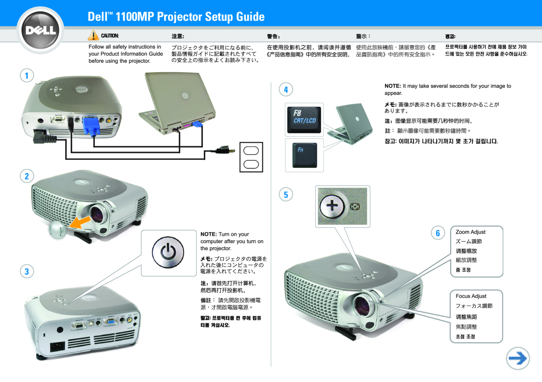 Dell 1100 MP setup guide Dell 1100MP Projector Setup Guide, Precaución 