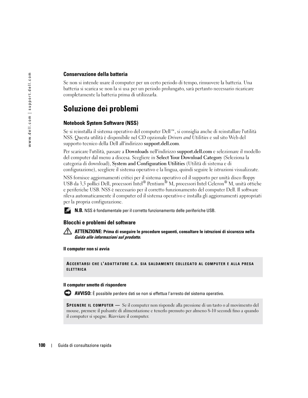 Dell 110L manual Soluzione dei problemi, Conservazione della batteria, Blocchi e problemi del software 