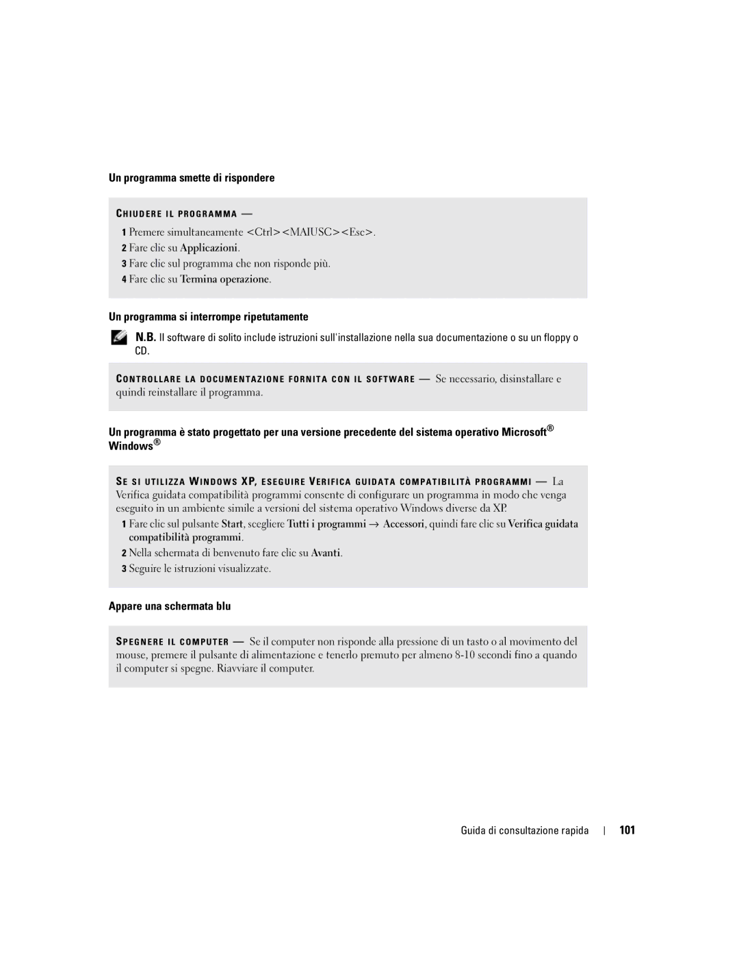 Dell 110L manual Un programma smette di rispondere, Un programma si interrompe ripetutamente, Appare una schermata blu, 101 