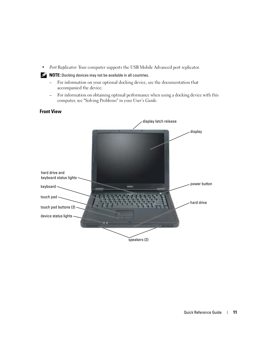 Dell 110L manual Front View, Display latch release 