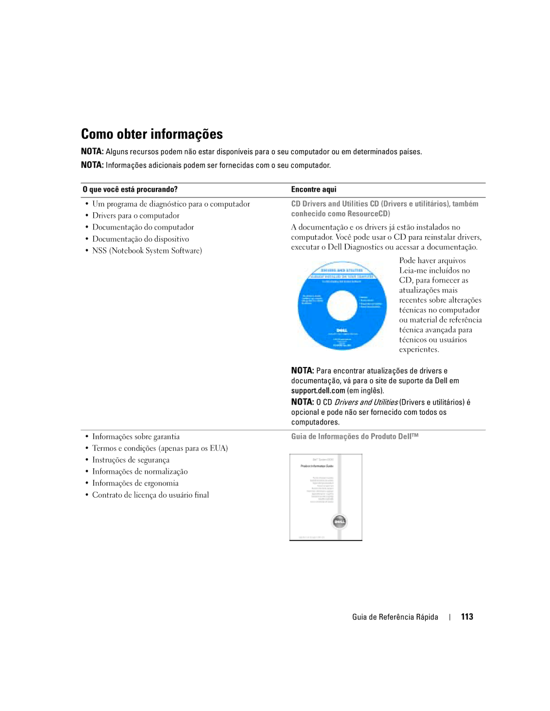 Dell 110L manual Como obter informações, 113, Conhecido como ResourceCD, Guia de Informações do Produto Dell 