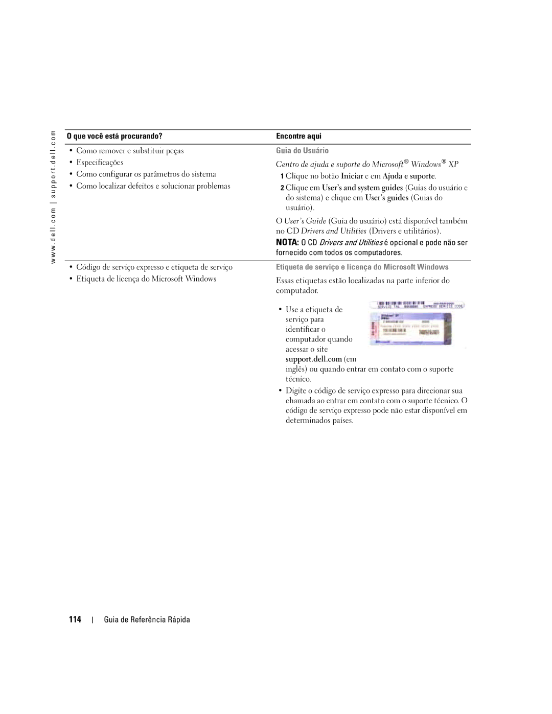 Dell 110L manual 114, Guia do Usuário, Etiqueta de serviço e licença do Microsoft Windows 