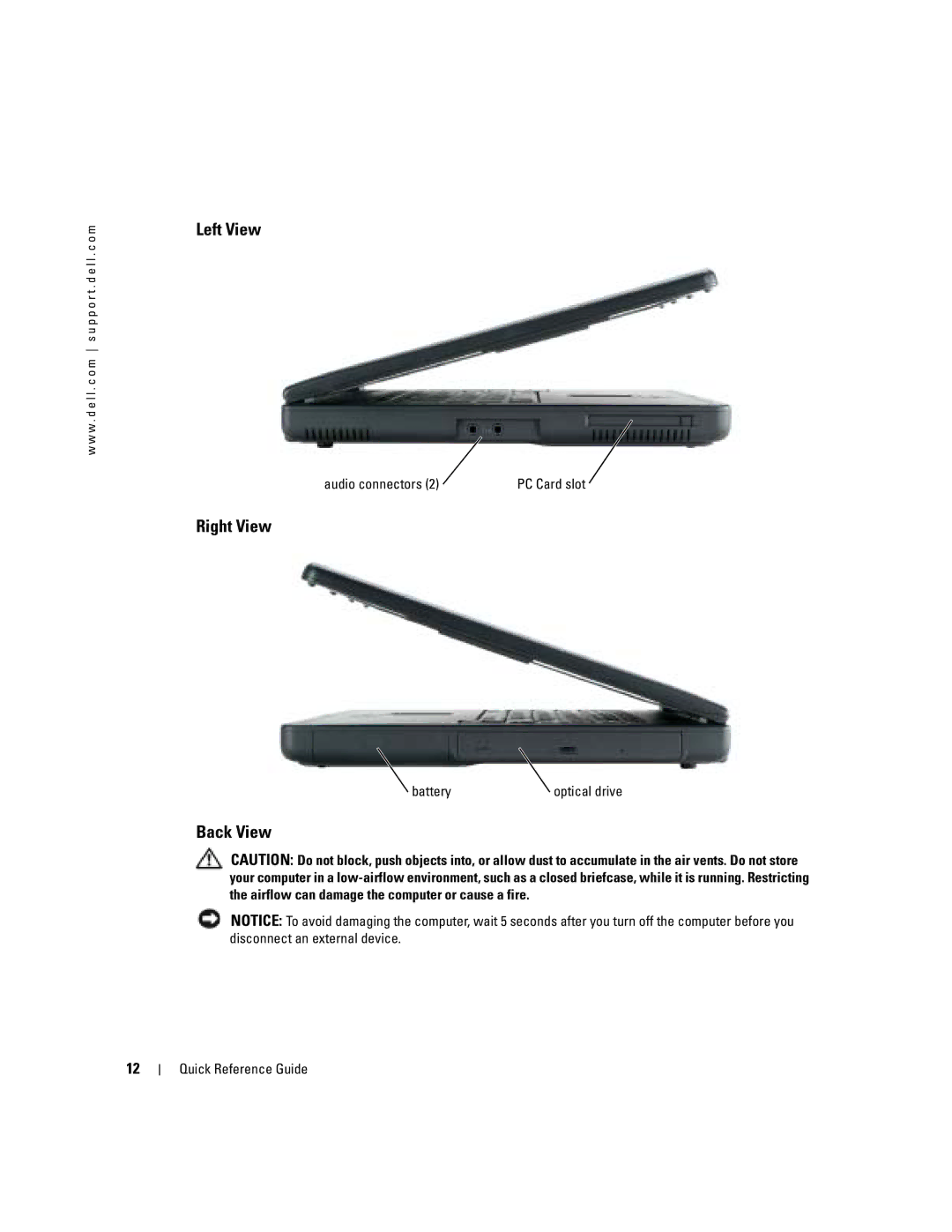 Dell 110L manual Left View, Right View, Back View, Audio connectors, Battery 