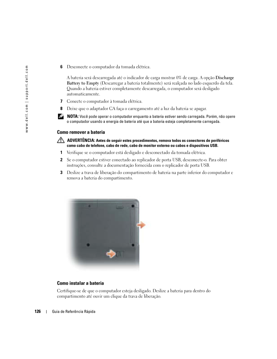 Dell 110L manual Como remover a bateria, Como instalar a bateria 