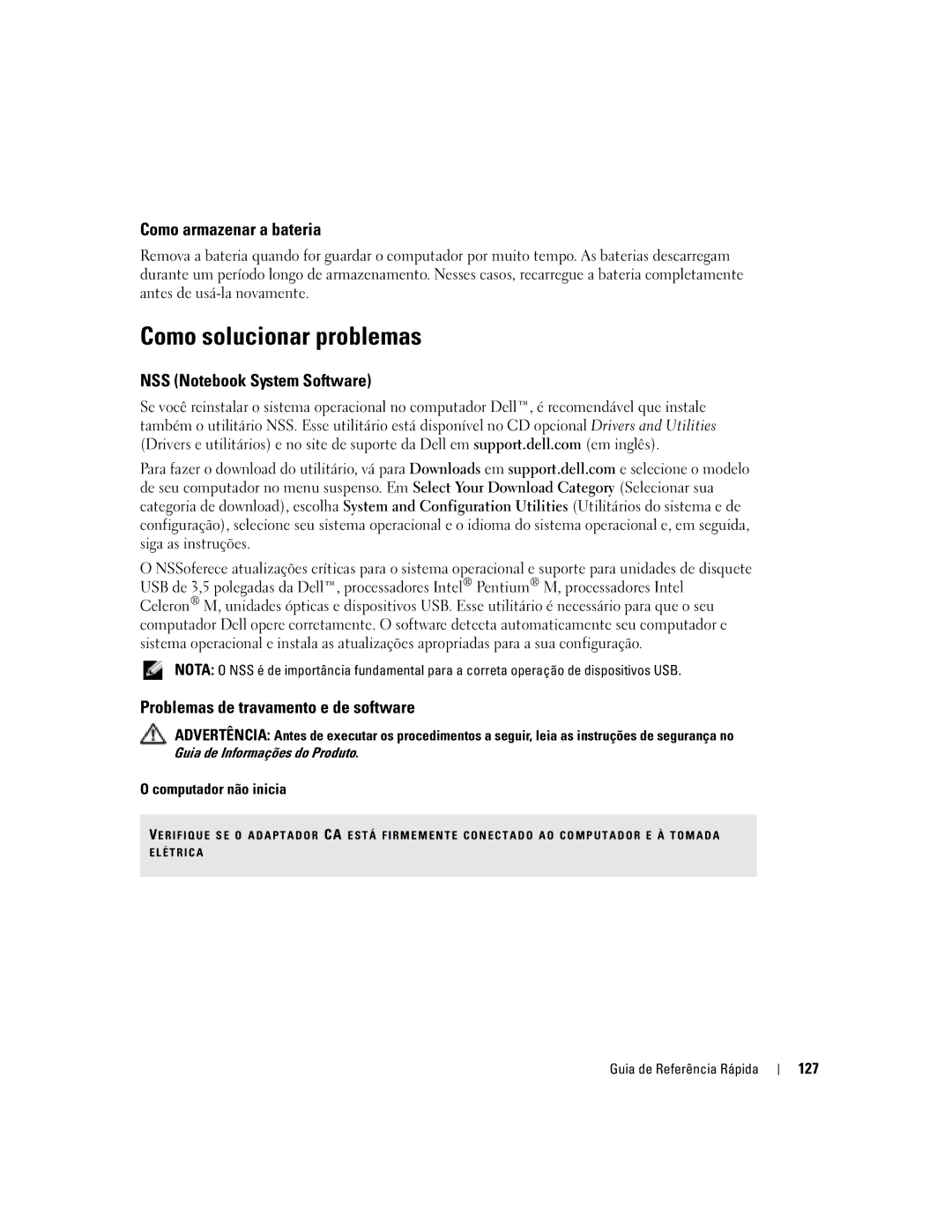 Dell 110L manual Como solucionar problemas, Como armazenar a bateria, Problemas de travamento e de software, 127 