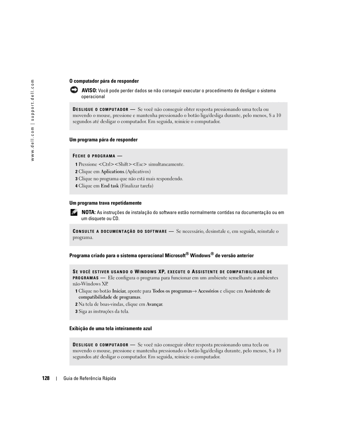 Dell 110L manual Computador pára de responder, Um programa pára de responder, Um programa trava repetidamente, 128 