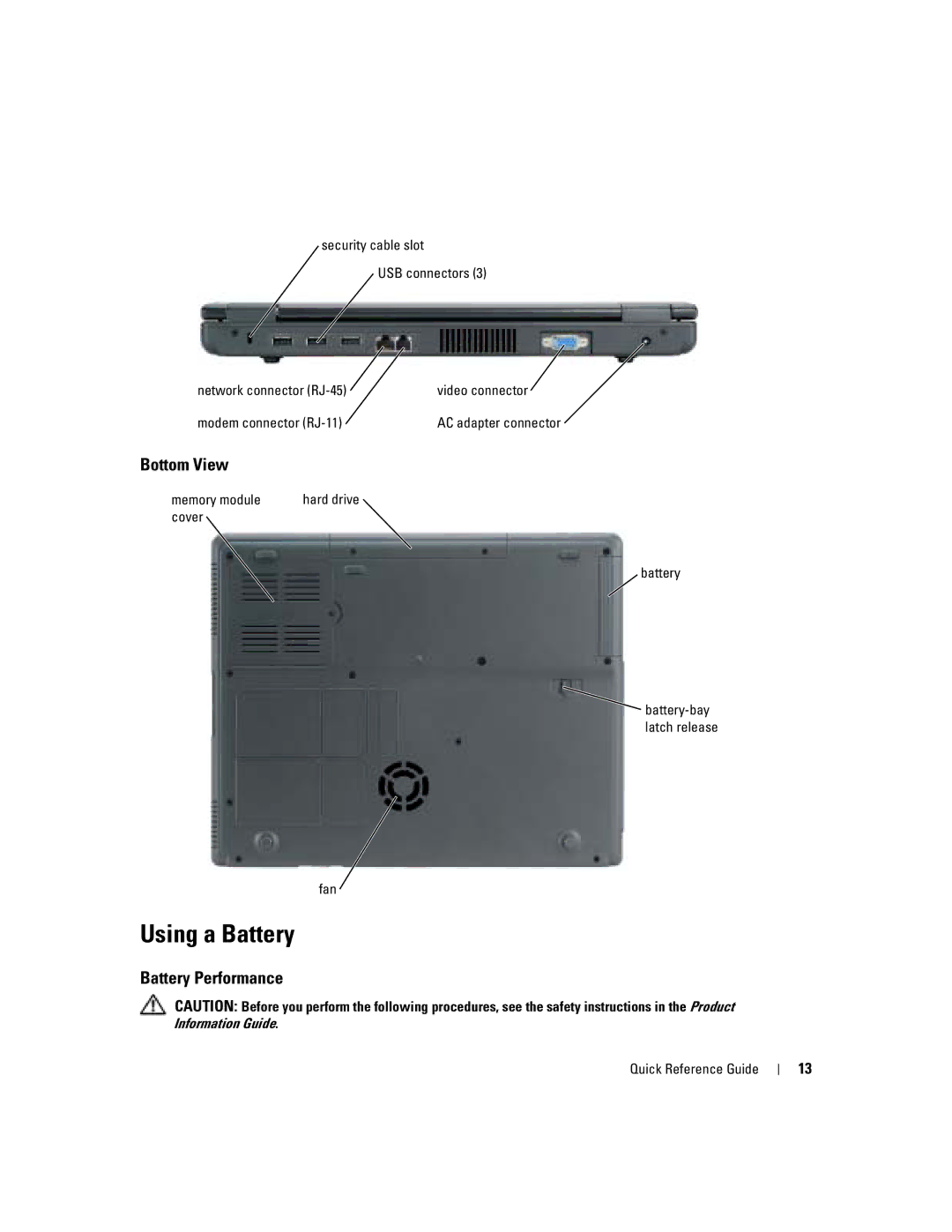 Dell 110L manual Using a Battery, Bottom View, Battery Performance 