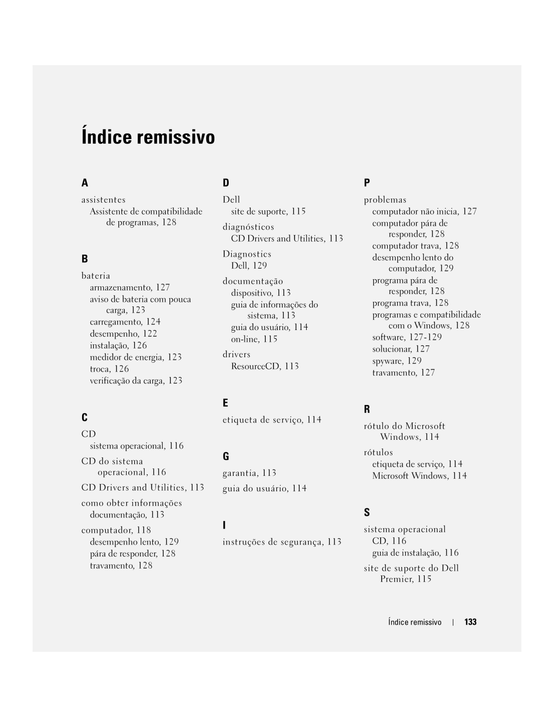 Dell 110L manual Assistentes, 133, Assistente de compatibilidade de programas, Índice remissivo 