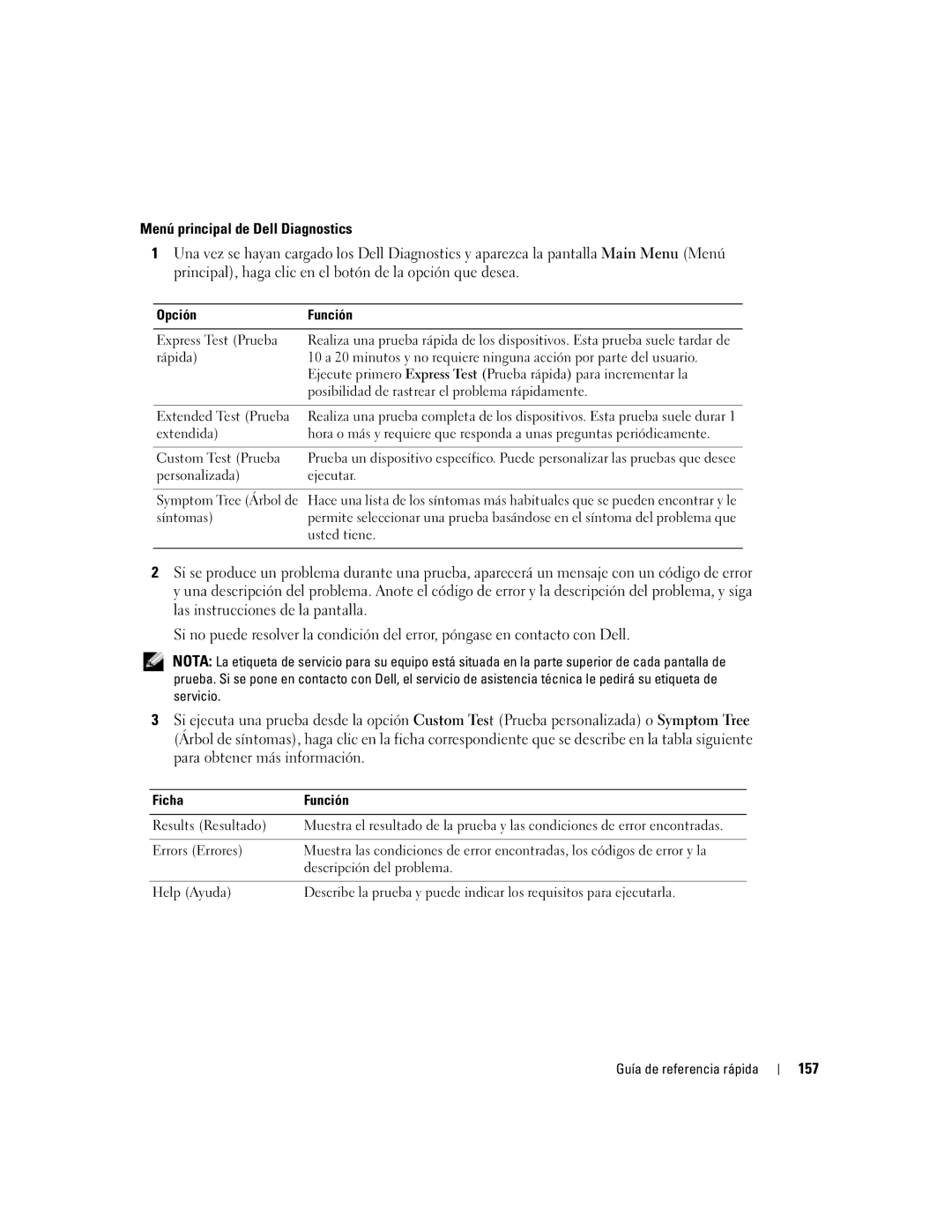 Dell 110L manual Menú principal de Dell Diagnostics, 157, Opción Función, Ficha Función 